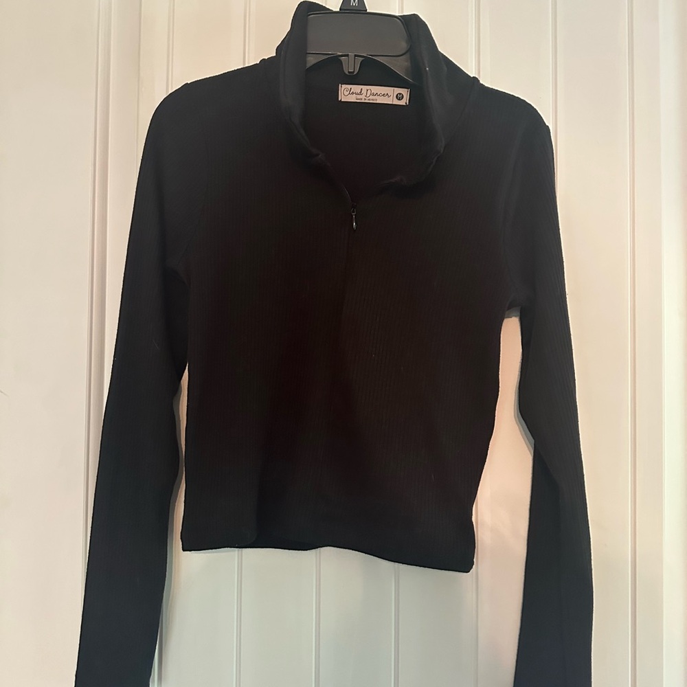 Black Fitted Crop Polo Long Sleeve Top